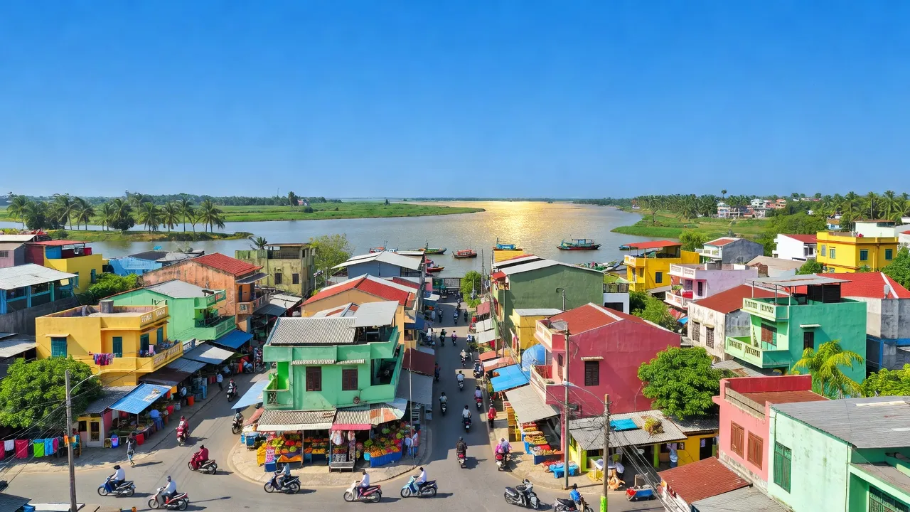 Khung cảnh Phường Phú Đông, Thành phố Tuy Hòa, sông Ba và kiến trúc địa phương đặc trưng.