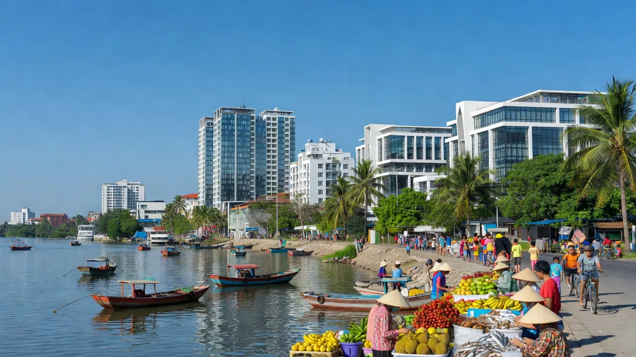 Khung cảnh Phường Phú Đông, Tuy Hòa, với dòng sông Ba, kiến trúc hiện đại và bầu trời xanh.