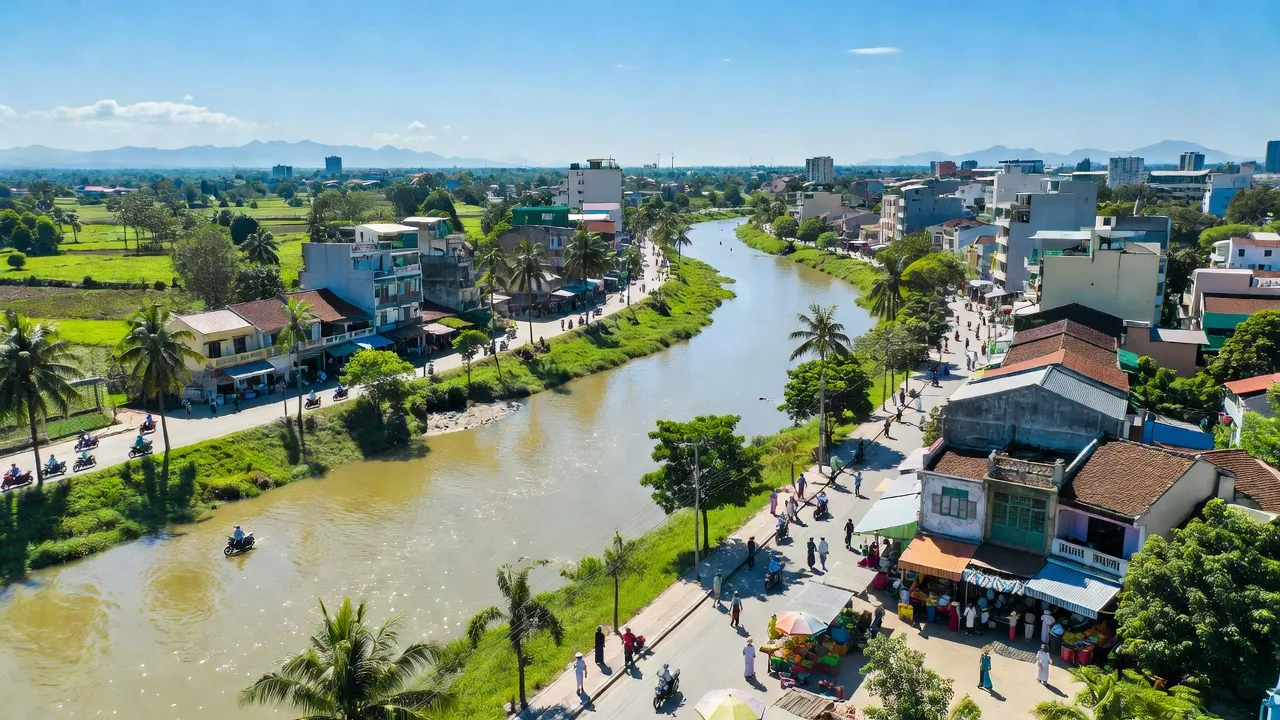 Khung cảnh Phường Phú Thạnh trong Thành phố Tuy Hòa, tỉnh Phú Yên, với sông Ba và kiến trúc đô thị.