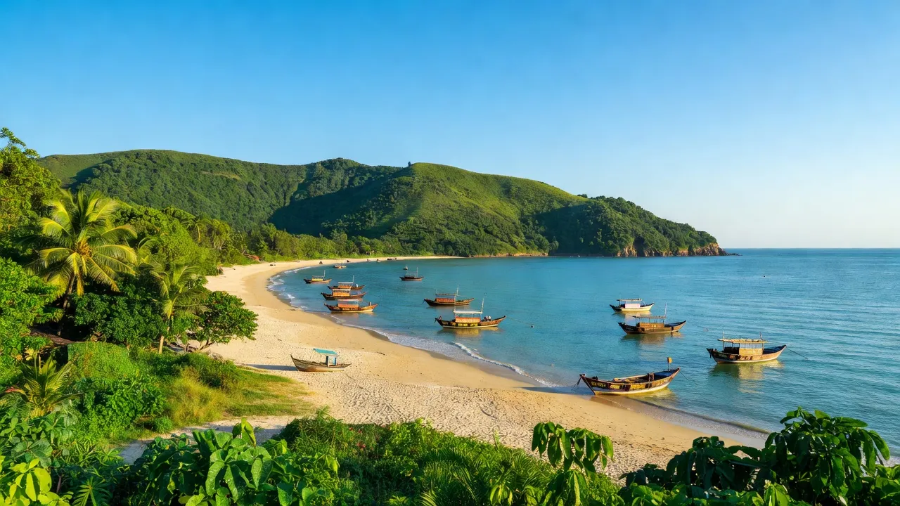 Phong cảnh biển tỉnh Phú Yên, Việt Nam với bãi cát, núi xanh và thuyền đánh cá.