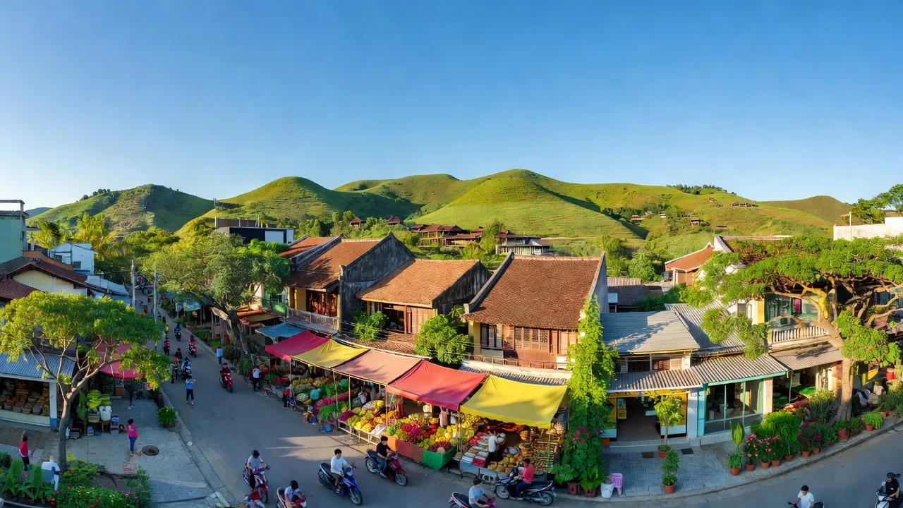 Thị xã Ba Đồn, Quảng Bình with vibrant street life, traditional architecture and lush greenery.
