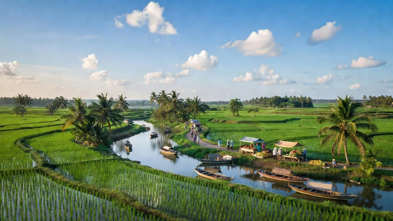 Phong cảnh vùng quê Xã Quảng Hải, Thị xã Ba Đồn, tỉnh Quảng Bình với ruộng lúa và sông nước.