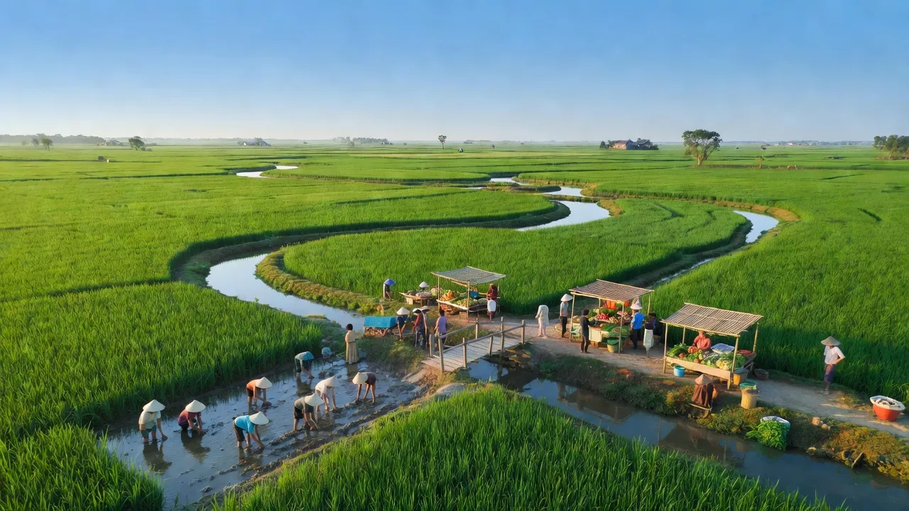 Phong cảnh yên bình tại xã Quảng Hải, Thị xã Ba Đồn, tỉnh Quảng Bình với cánh đồng và sông.