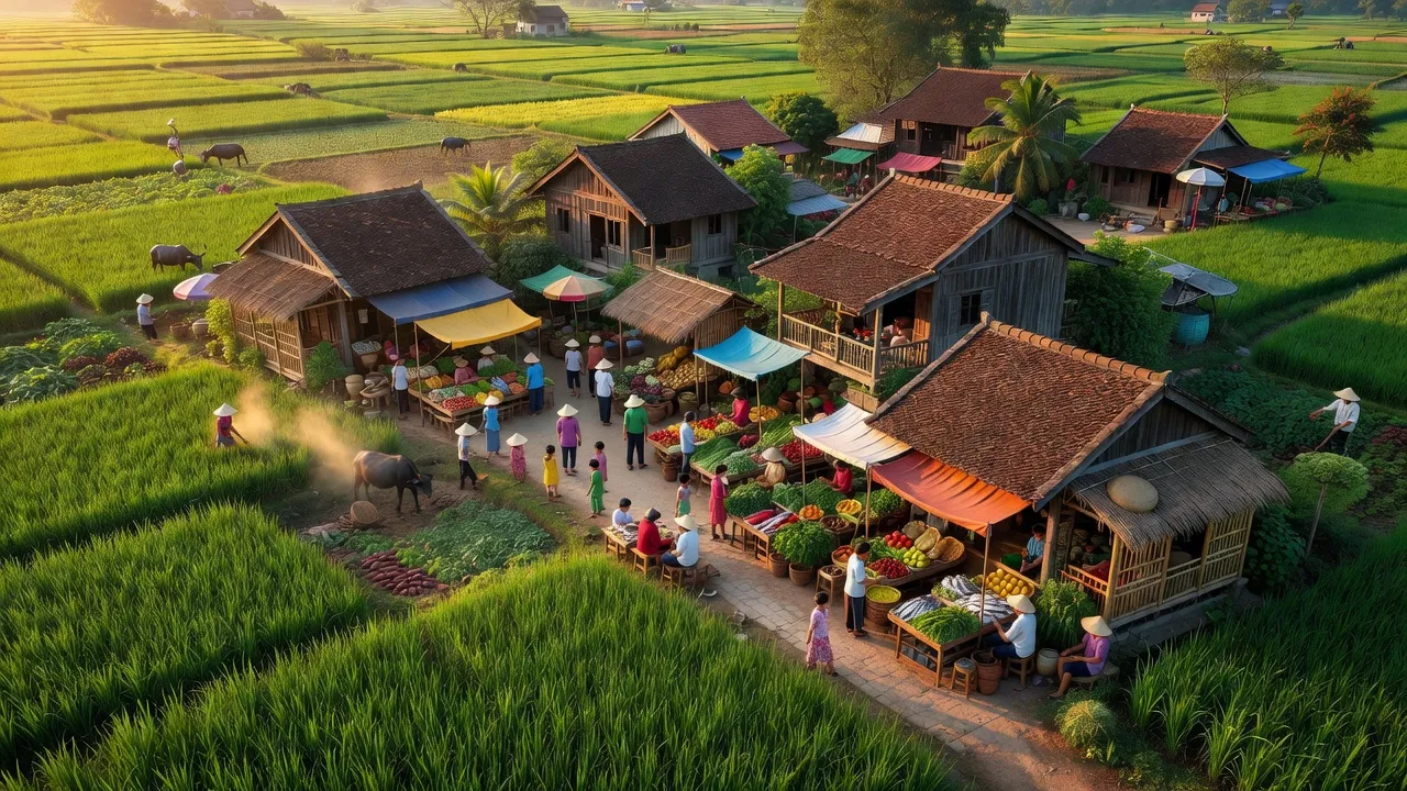 Cảnh đẹp xã Quảng Hòa, Thị xã Ba Đồn, tỉnh Quảng Bình với cánh đồng xanh tươi và nhà truyền thống.