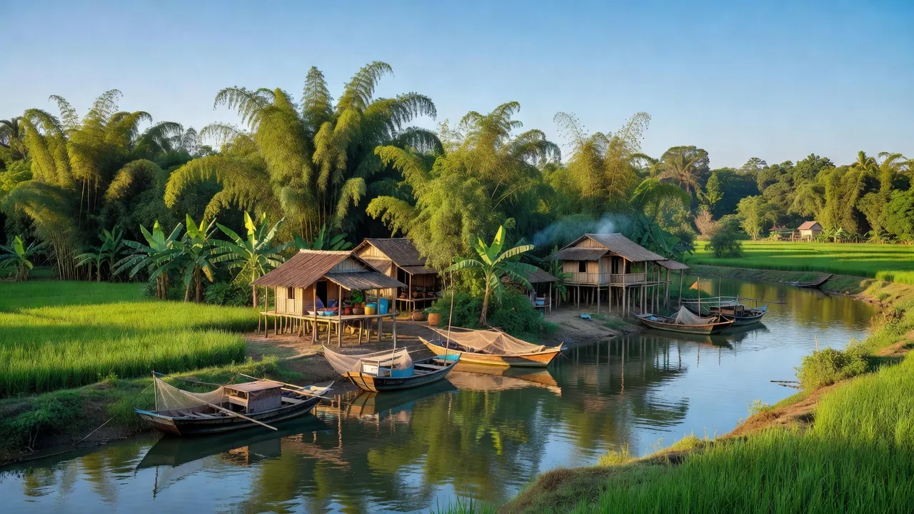 Quảng Minh, Ba Đồn, Quảng Bình - cảnh làng quê ven sông xanh mát, thuyền đánh cá và nhà cửa.