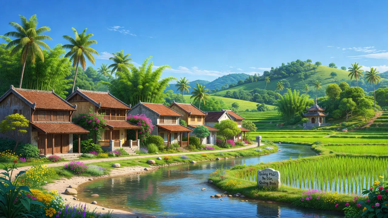 Khung cảnh phường Quảng Phúc, Thị xã Ba Đồn, tỉnh Quảng Bình với kiến trúc truyền thống và thiên nhiên tươi đẹp.