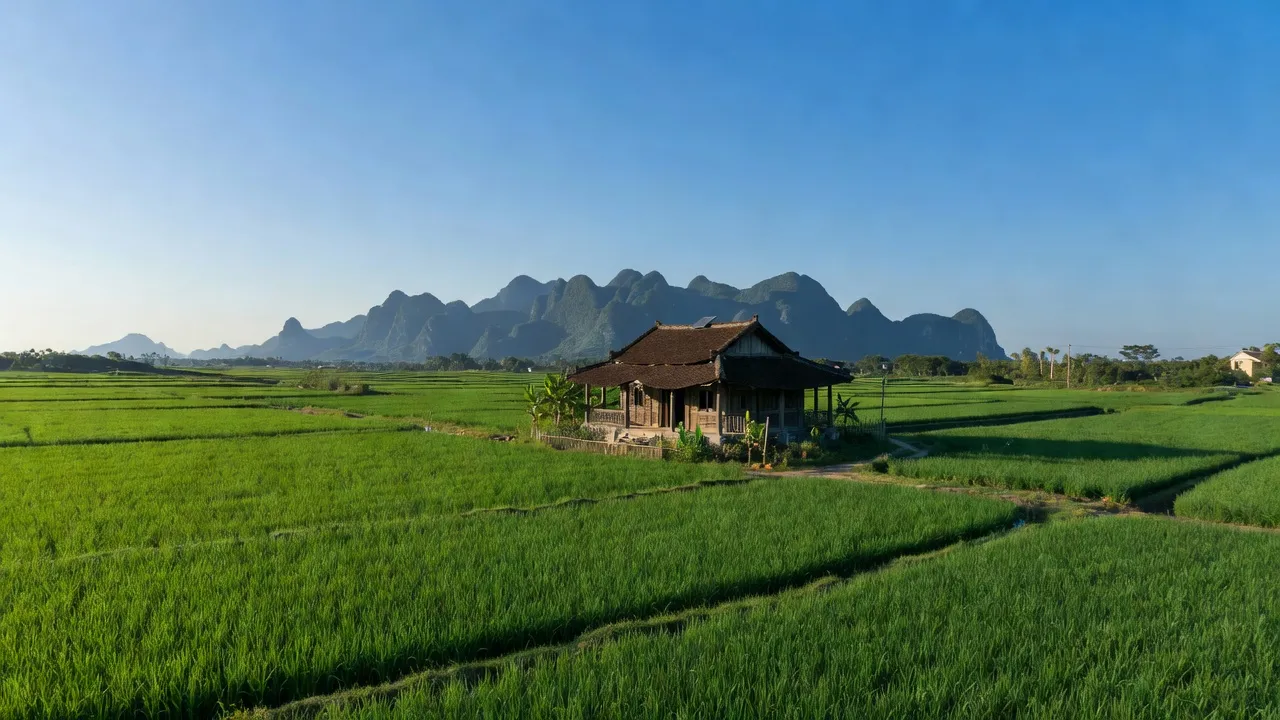 Khung cảnh xã Quảng Tân, Thị xã Ba Đồn, tỉnh Quảng Bình với ruộng xanh và núi non.