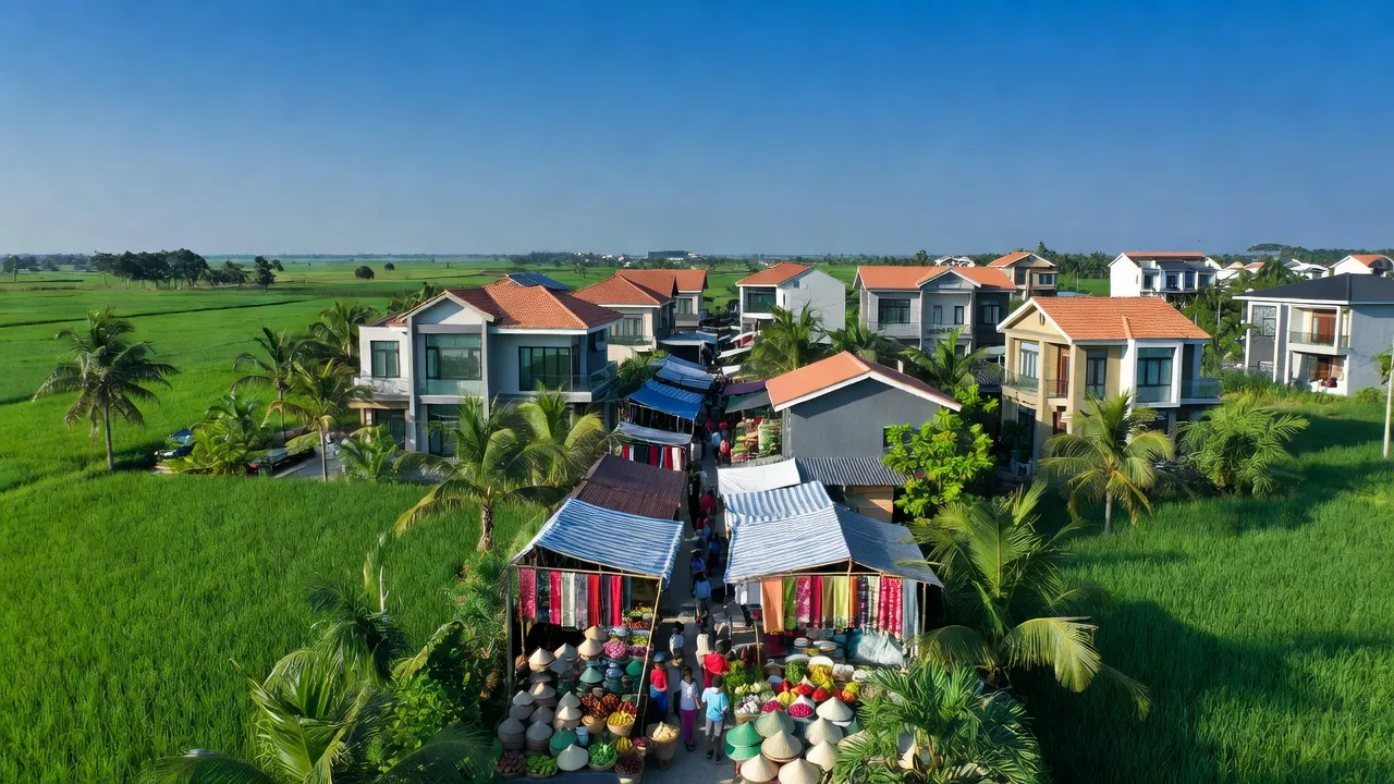 Quảng Thọ, Ba Đồn, Quảng Bình with greenery, modern homes, vibrant market under clear sky.