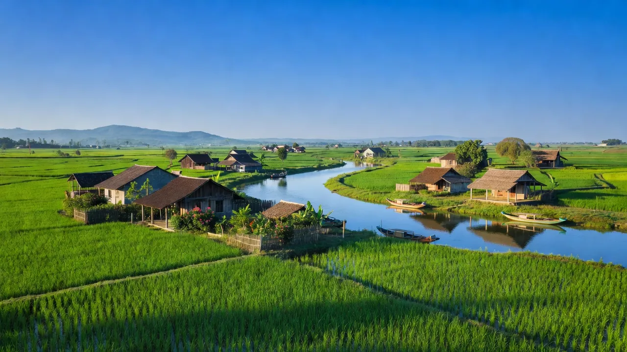 Cảnh quan nông thôn xã Quảng Thủy, thị xã Ba Đồn, tỉnh Quảng Bình, với sông Gianh và cánh đồng xanh.