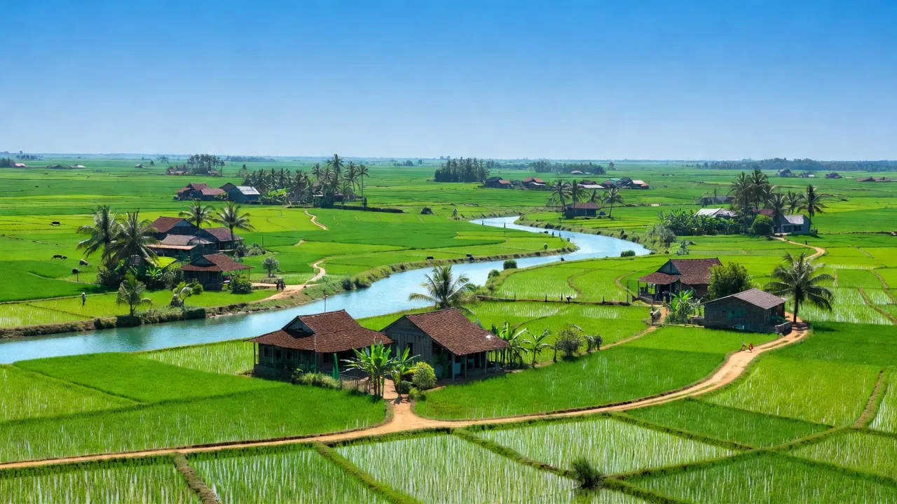 Quang Thuy Commune in Ba Don Town features green rice fields near Gianh River, Quang Binh.
