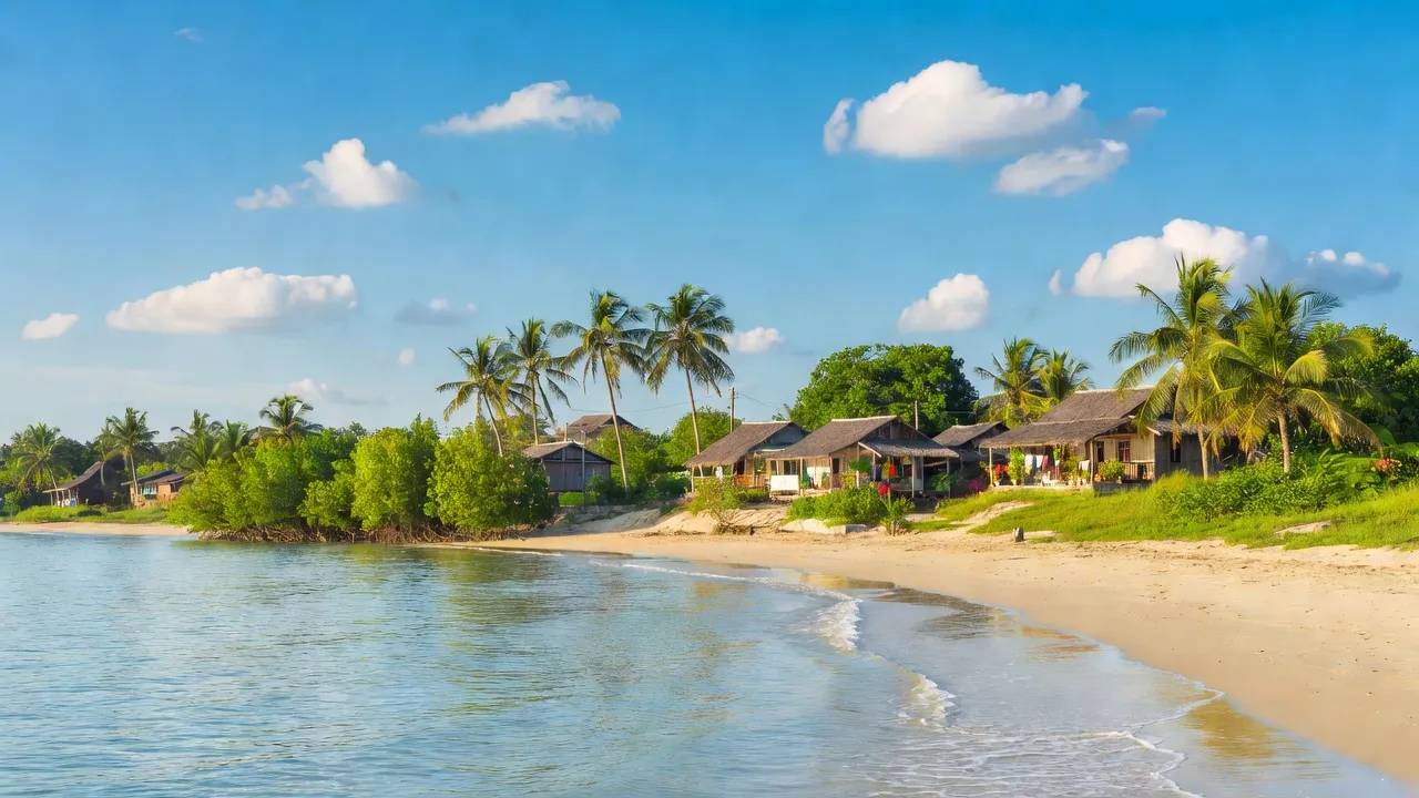 Cảnh biển Quảng Văn, Ba Đồn, Quảng Bình với nhà cửa và thiên nhiên tươi đẹp, ngày nắng rõ.