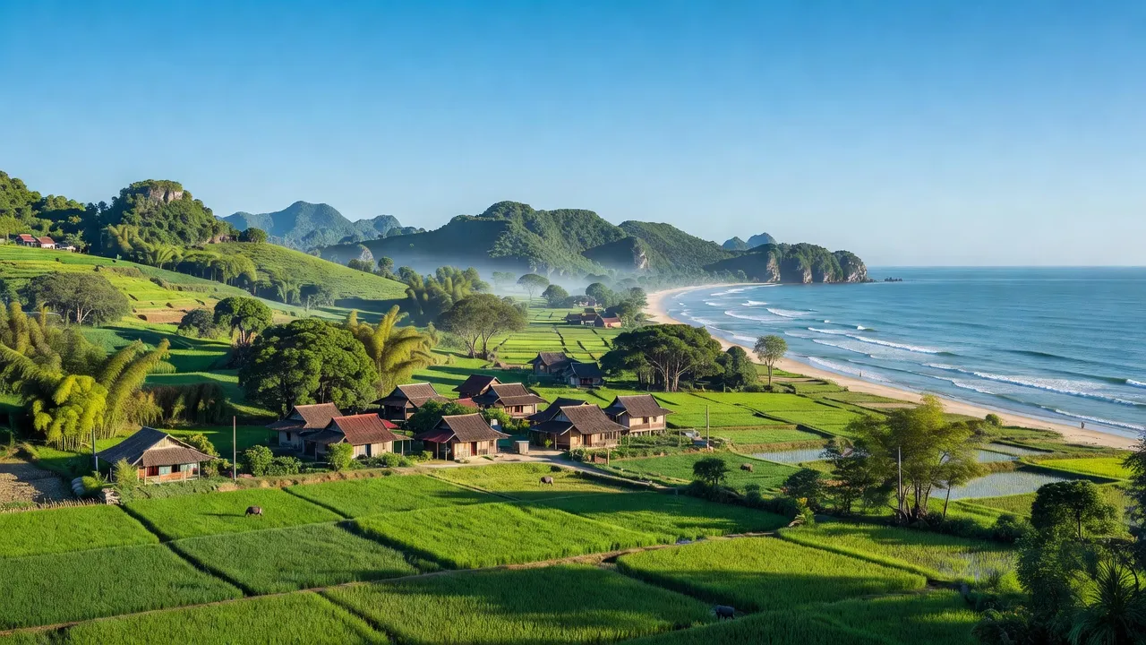Khung cảnh huyện Bố Trạch, tỉnh Quảng Bình với làng quê và bờ biển xanh tươi.