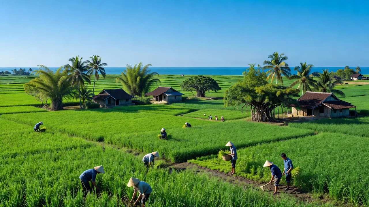 Cảnh đẹp xã Đại Trạch, huyện Bố Trạch, Quảng Bình với cánh đồng xanh và nhà cửa truyền thống.