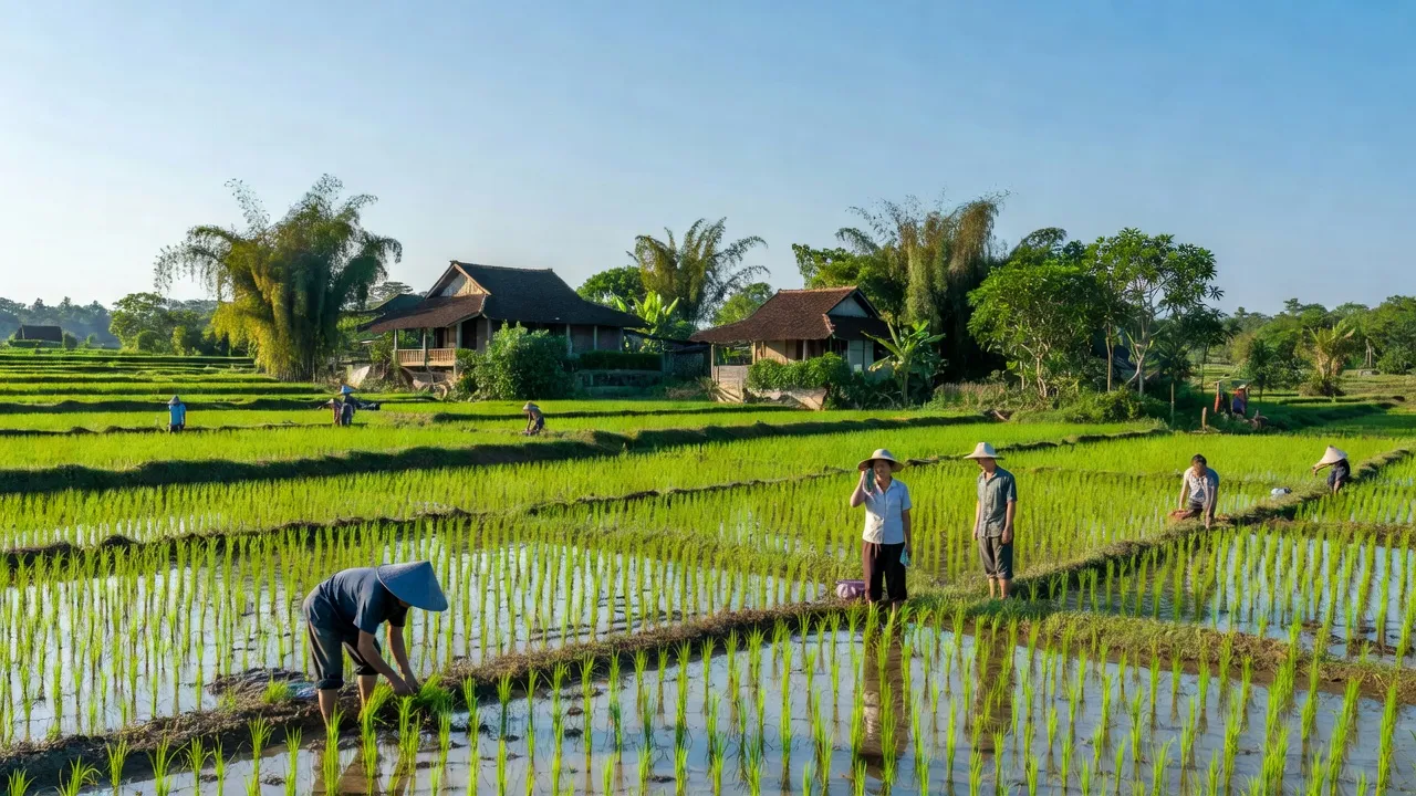 Cảnh quan yên bình xã Đồng Trạch, huyện Bố Trạch, tỉnh Quảng Bình với cánh đồng xanh và nhà truyền thống.