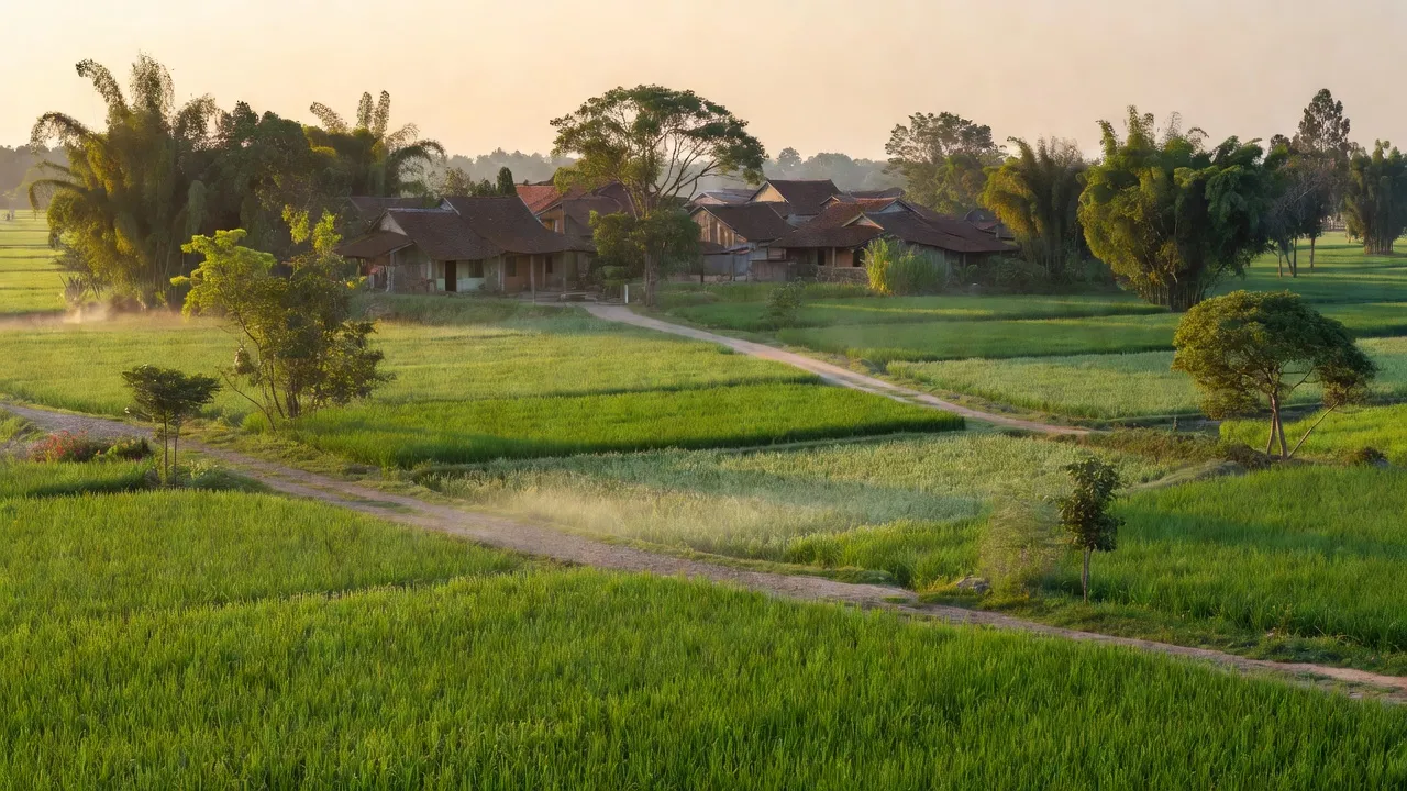 Cảnh đẹp xã Đức Trạch, huyện Bố Trạch, Quảng Bình với cánh đồng xanh và khu dân cư.