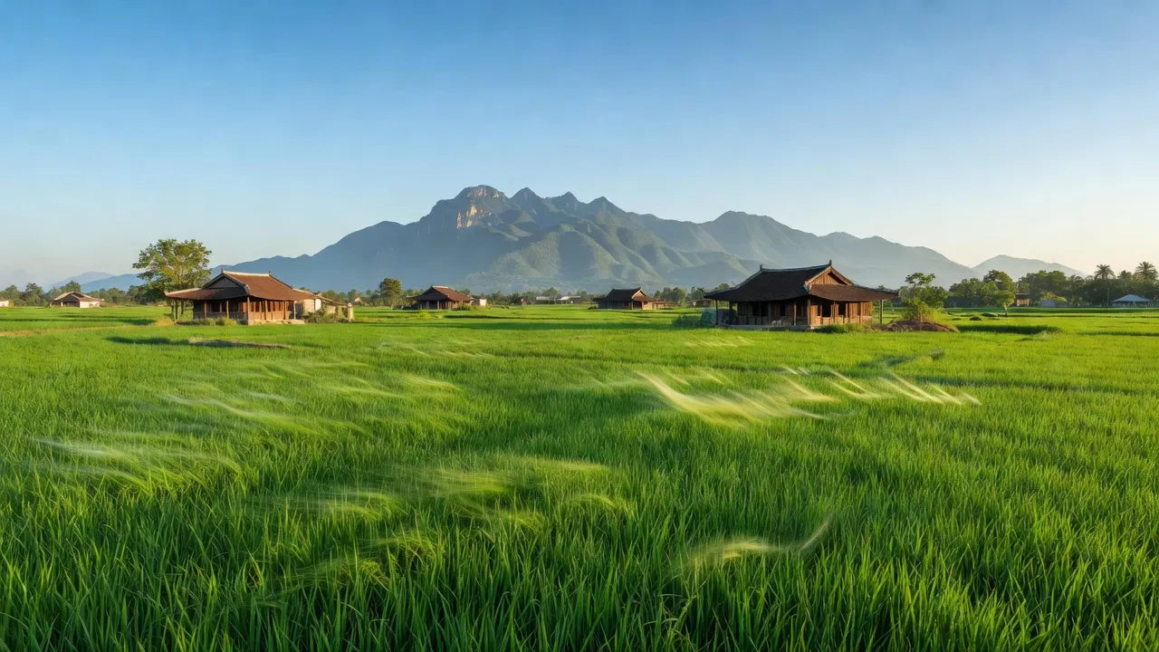 Khung cảnh xã Đức Trạch, Bố Trạch, Quảng Bình với cánh đồng xanh và núi non hùng vĩ.