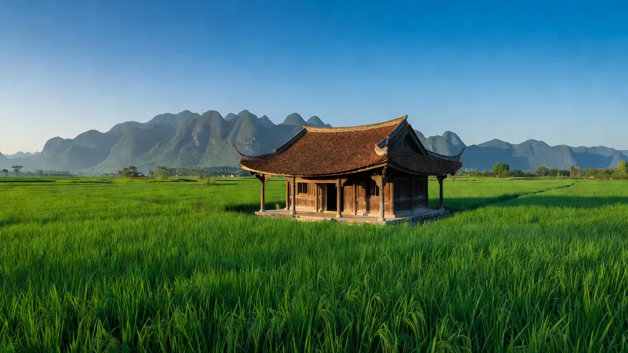 Cảnh đẹp xã Hải Phú, huyện Bố Trạch, tỉnh Quảng Bình với cánh đồng xanh và núi xa.