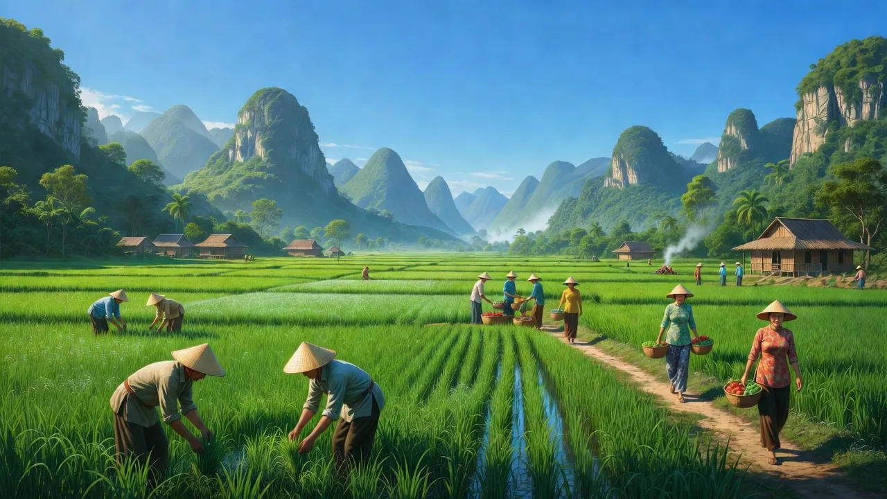 Cảnh quan xã Hải Phú, huyện Bố Trạch, Quảng Bình với cánh đồng và bầu trời trong xanh.