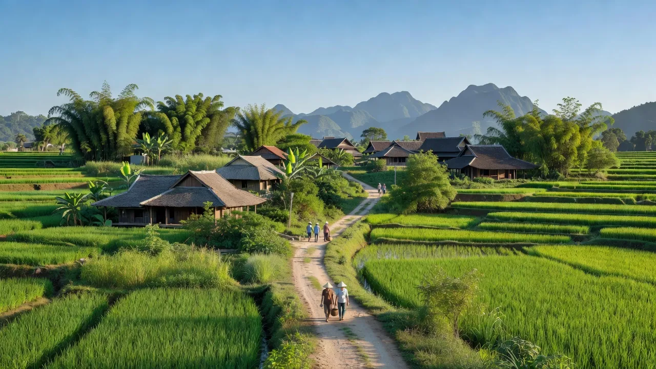 Khung cảnh yên bình tại Xã Hòa Trạch, huyện Bố Trạch, tỉnh Quảng Bình với cánh đồng xanh và nhà truyền thống.