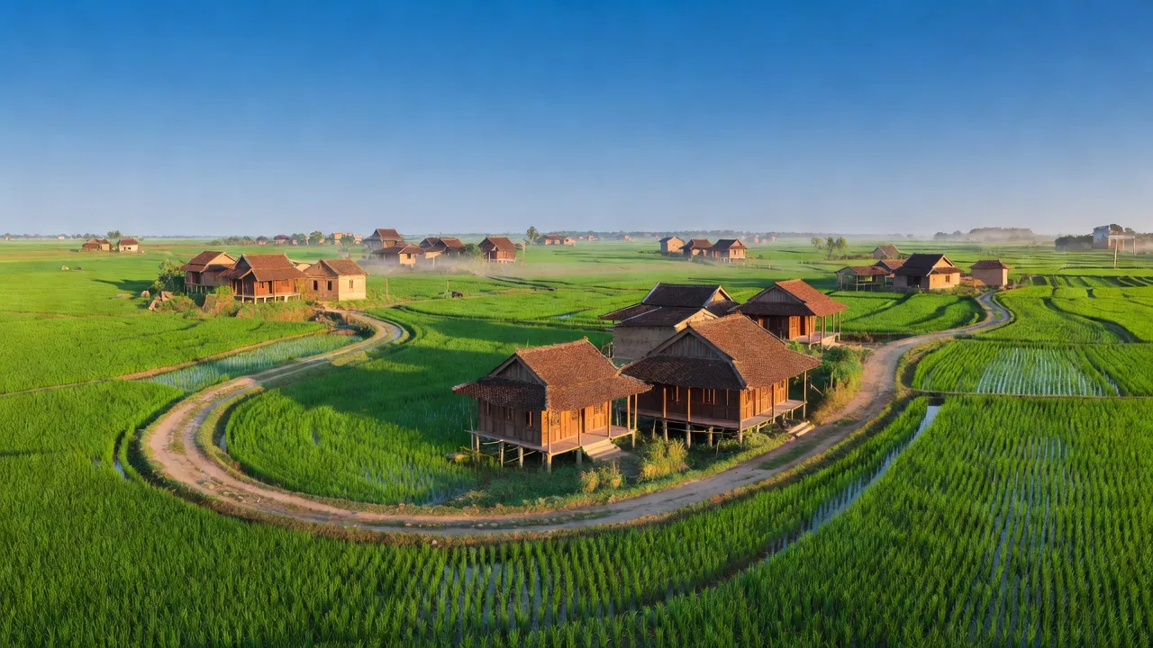 Xã Hòa Trạch, huyện Bố Trạch, tỉnh Quảng Bình với cánh đồng xanh và nhà truyền thống.