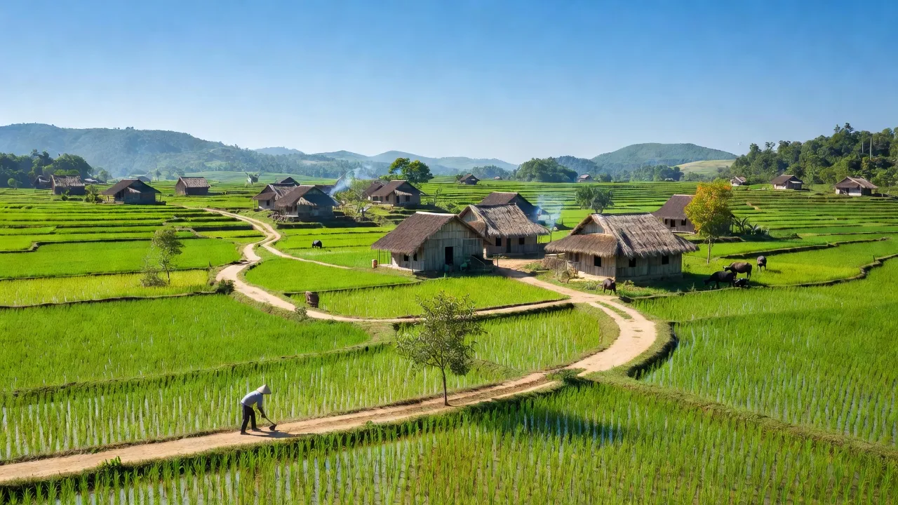 Khung cảnh bình yên tại xã Liên Trạch, huyện Bố Trạch, tỉnh Quảng Bình với cánh đồng xanh.