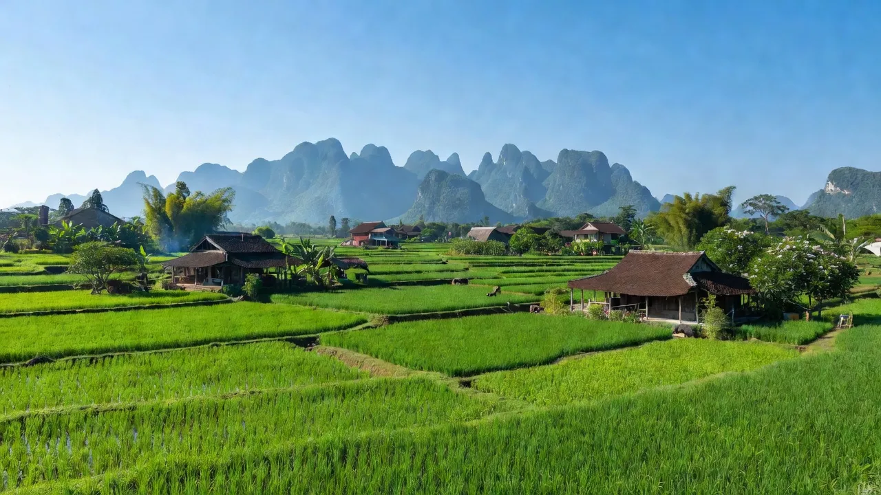 Khung cảnh bình yên xã Lý Nam, huyện Bố Trạch, tỉnh Quảng Bình với cánh đồng xanh và núi ở xa.