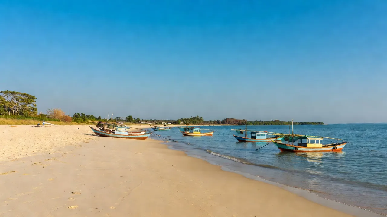 Phong cảnh xã Nhân Trạch, huyện Bố Trạch, tỉnh Quảng Bình với bãi biển và thuyền đánh cá.