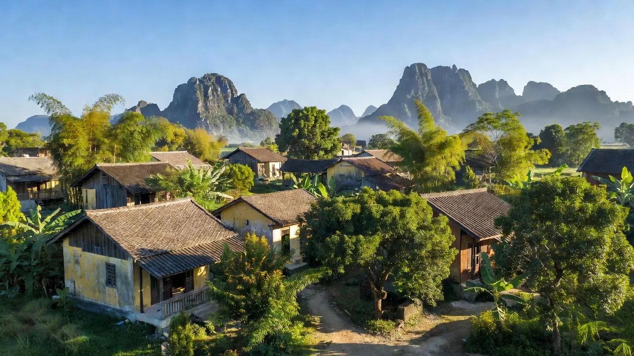 Thị trấn NT Việt Trung, Bố Trạch, Quảng Bình với núi, cây xanh và nhà truyền thống.
