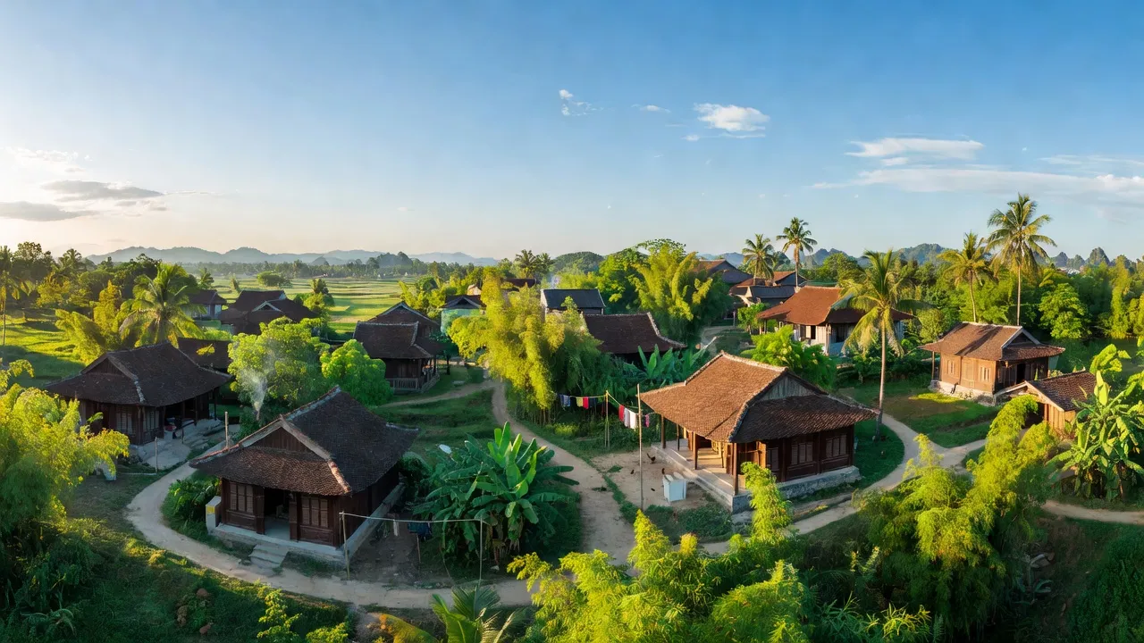 Thị trấn NT Việt Trung, huyện Bố Trạch, tỉnh Quảng Bình với cảnh quan đẹp và nhà cửa truyền thống.