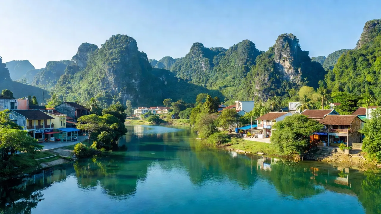 Phong Nha town in Bo Trach district, Quang Binh, showcasing its stunning natural scenery and serene atmosphere.