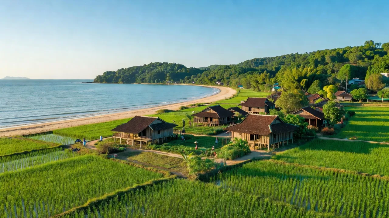 Khung cảnh đẹp của xã Tây Trạch, huyện Bố Trạch, tỉnh Quảng Bình với biển xanh và đồng xanh.