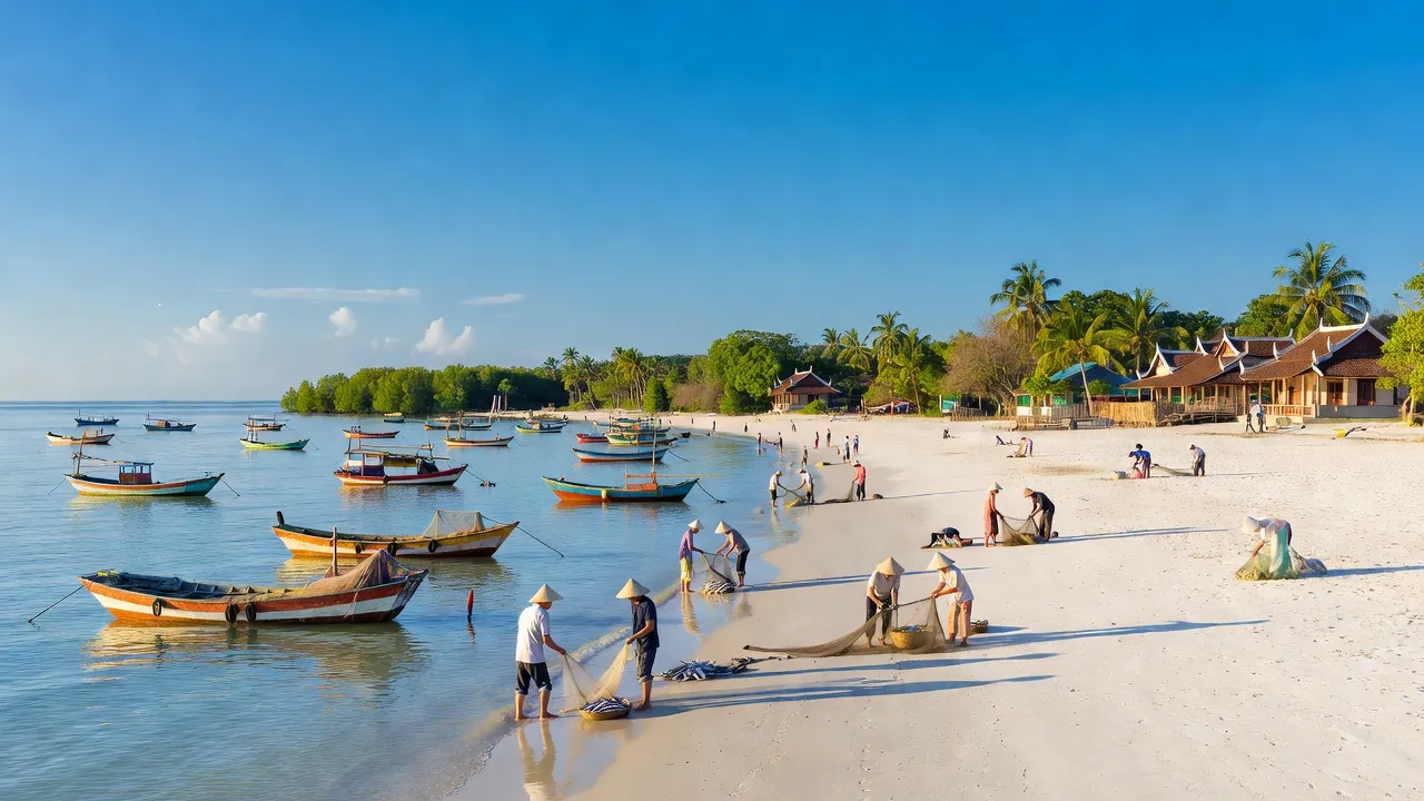 Bờ biển Thanh Trạch, Quảng Bình với thuyền đánh cá và bầu trời xanh trong, thể hiện vẻ đẹp tự nhiên.