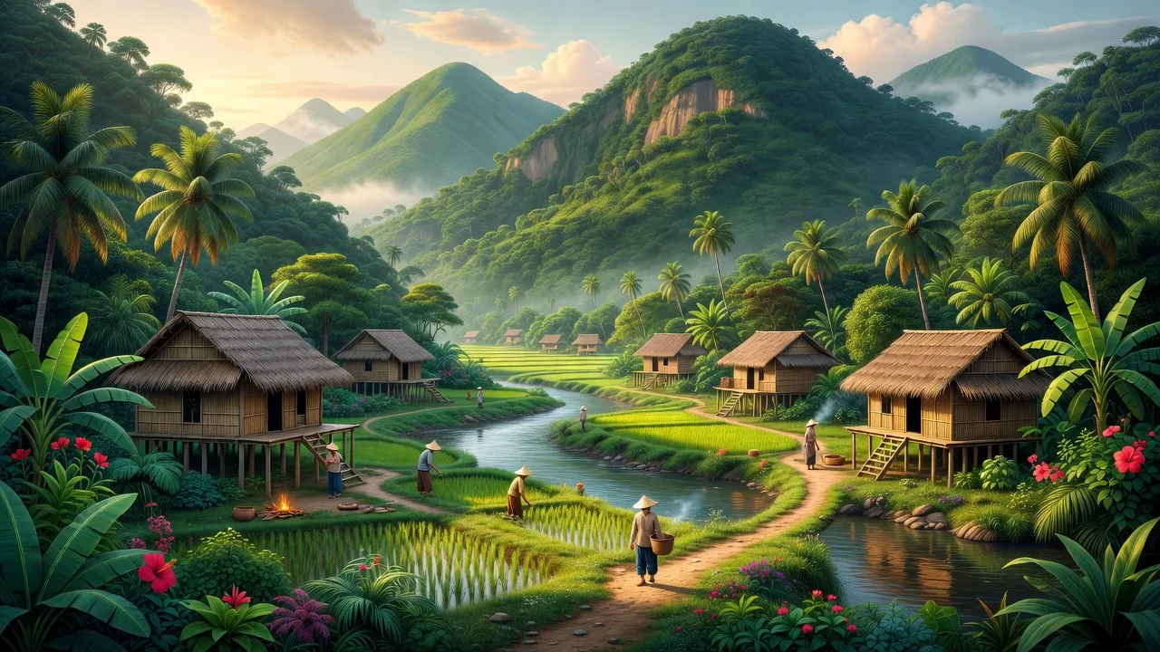 Cảnh đẹp xã Thượng Trạch, huyện Bố Trạch, Quảng Bình với núi rừng và nhà sàn truyền thống.