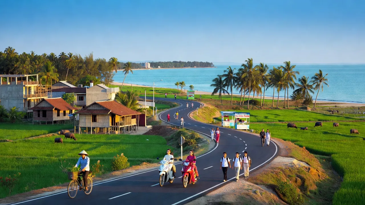 Khung cảnh xã Trung Trạch, Bố Trạch, Quảng Bình với đường phố và cuộc sống địa phương sôi động.