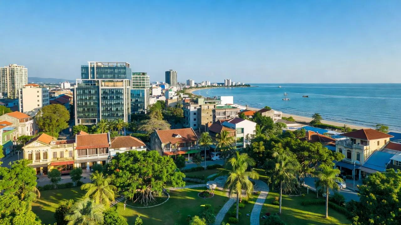 Khung cảnh thành phố Đồng Hới, tỉnh Quảng Bình với kiến trúc hiện đại và thiên nhiên xanh tươi.