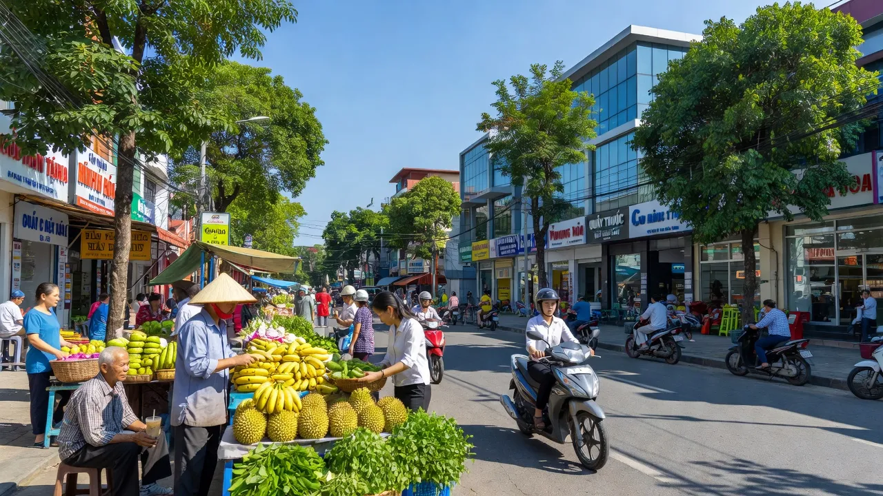 Cảnh đường phố Phường Đồng Phú, Thành phố Đồng Hới, tỉnh Quảng Bình, với thị trường sầm uất và người dân