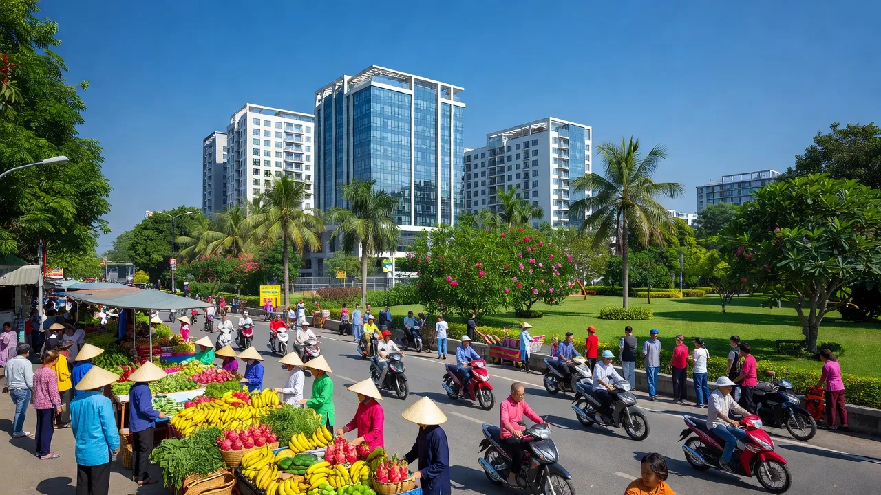 Cảnh đường phố sầm uất tại Phường Đồng Phú, Thành Phố Đồng Hới, tỉnh Quảng Bình với chợ, tòa nhà hiện đại.