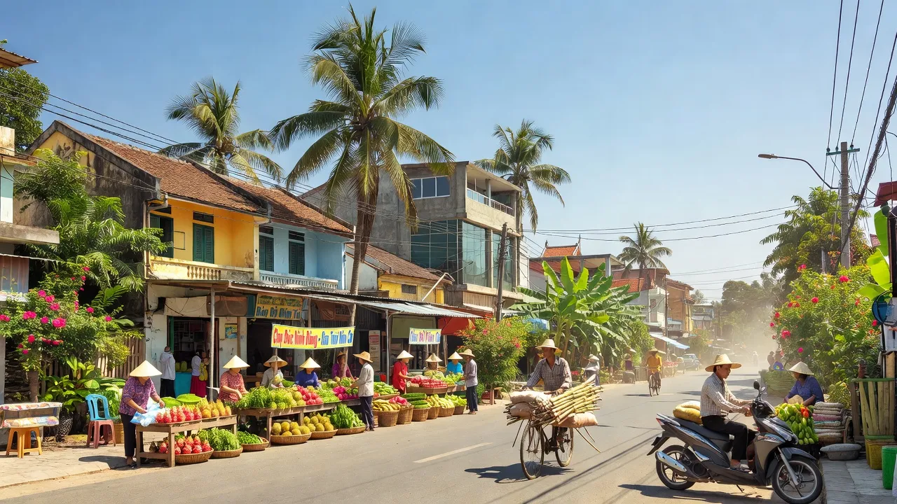 Cảnh sinh hoạt sôi động ở phường Đức Ninh Đông, thành phố Đồng Hới, Quảng Bình, thể hiện nét đặc trưng đô thị và nông thôn.