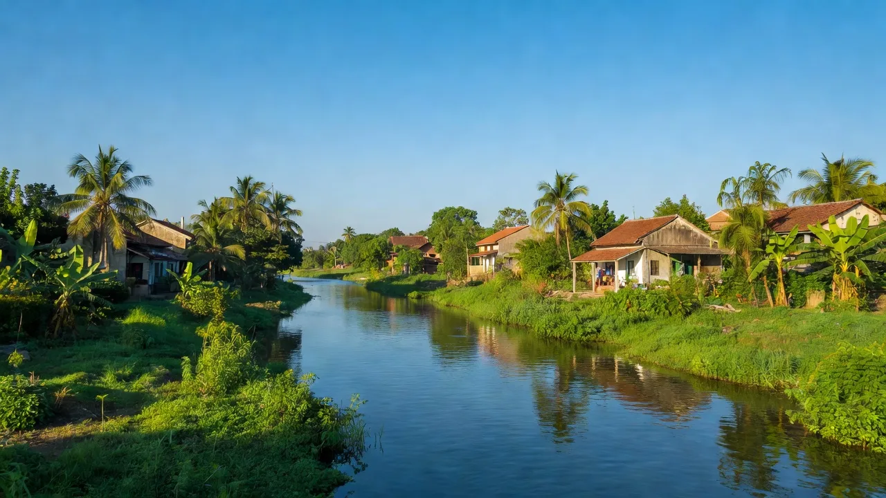 Cảnh quan Đức Ninh, Đồng Hới, Quảng Bình với sông Nhật Lệ và nhà cửa bên bờ xanh tươi.