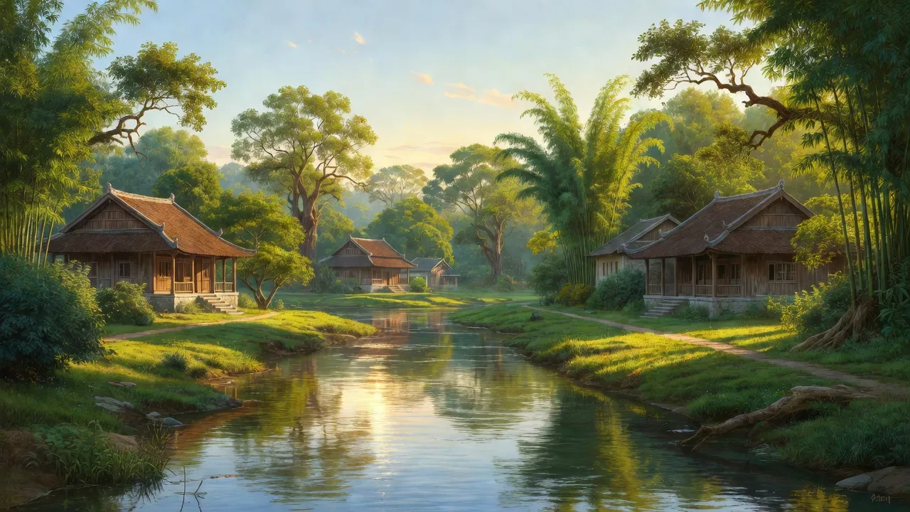 Phong cảnh xã Đức Ninh, Đồng Hới với sông Nhật Lệ, cây cối xanh và ánh sáng mặt trời.