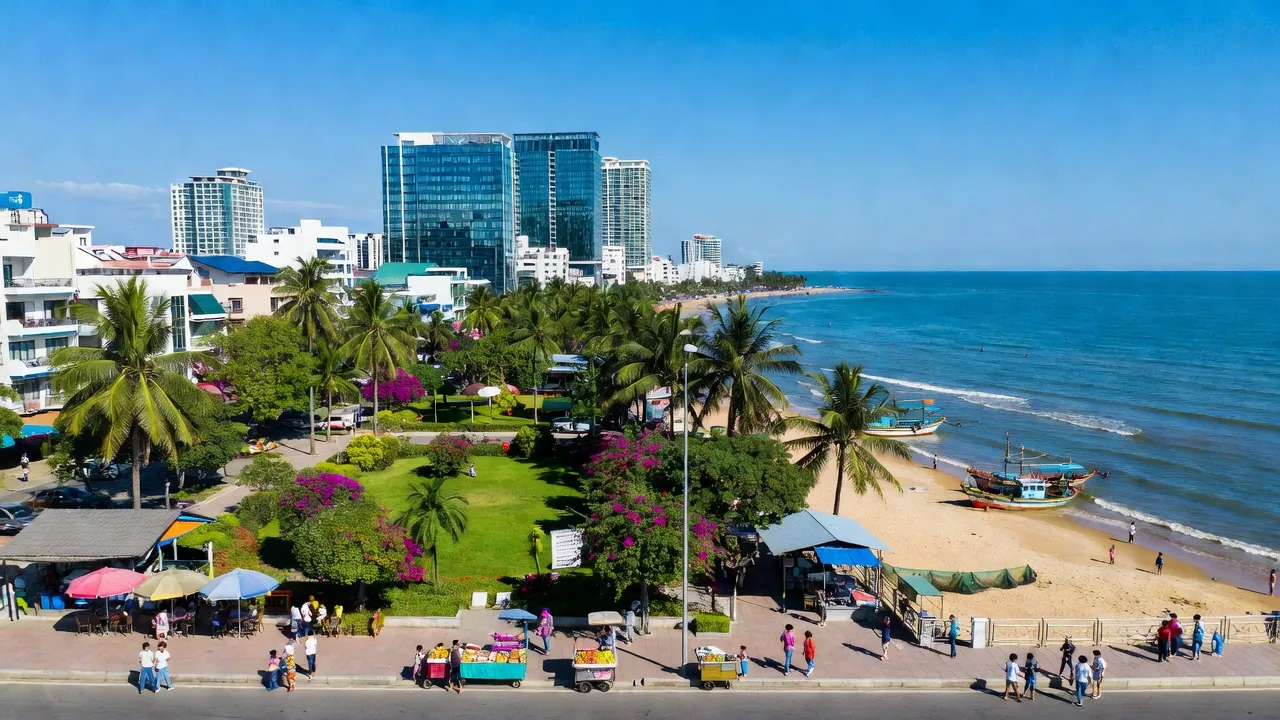 Hải Thành, Đồng Hới, Quảng Bình với khung cảnh đô thị ven biển, nhà cao tầng, cây xanh.