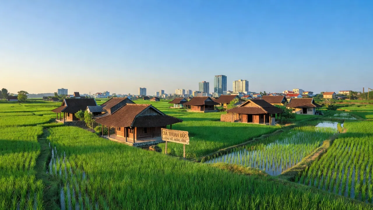 Xã Thuận Đức with green rice fields, traditional houses, and Dong Hới skyline in the background.