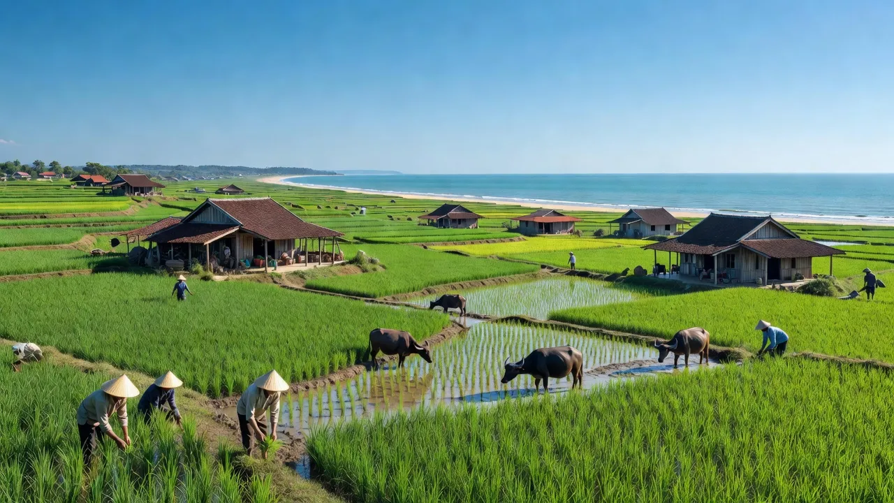 Lán cánh đồng xanh tươi ở huyện Lệ Thủy, Quảng Bình với nhà truyền thống và bầu trời xanh.