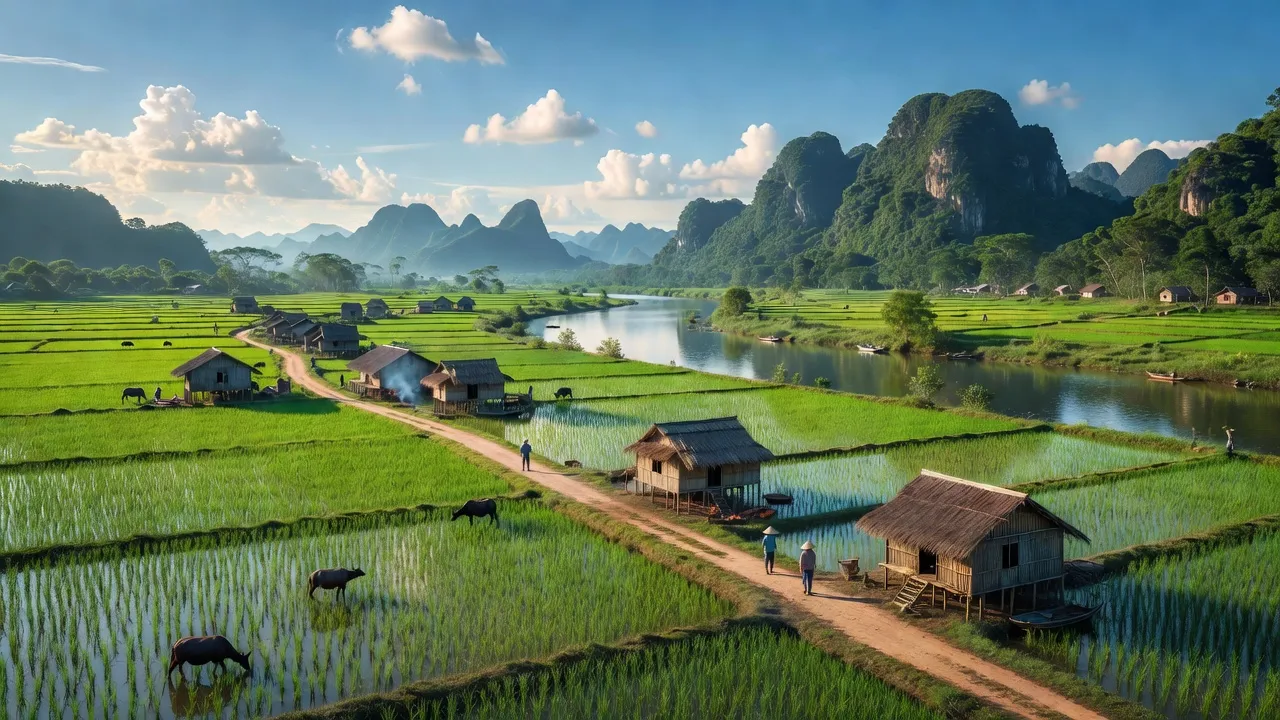 Khung cảnh đẹp của xã Cam Thủy, huyện Lệ Thủy, tỉnh Quảng Bình với cánh đồng xanh và núi