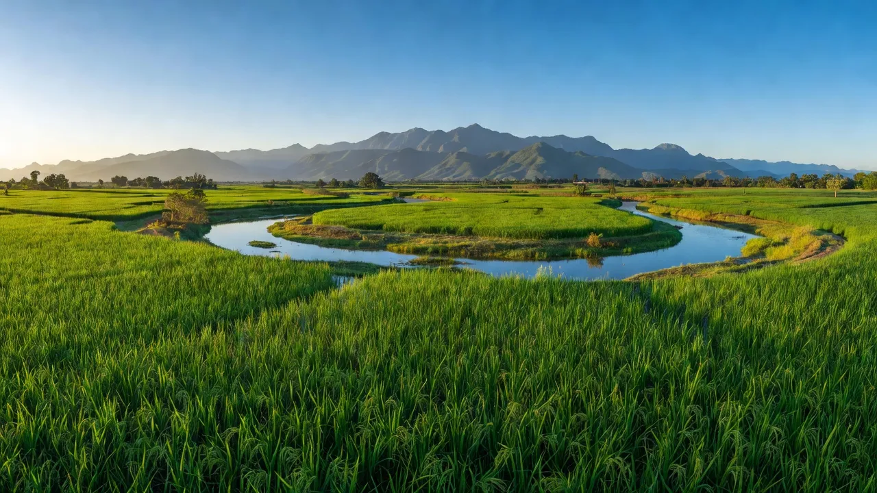 Xã Cam Thủy, Huyện Lệ Thủy, Quảng Bình với đồng ruộng, dòng sông và núi dưới ánh nắng.