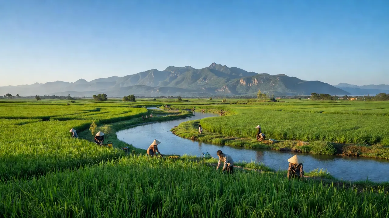 Phong cảnh xã Hoa Thủy, huyện Lệ Thủy, Quảng Bình với cánh đồng và dòng sông uốn khúc.
