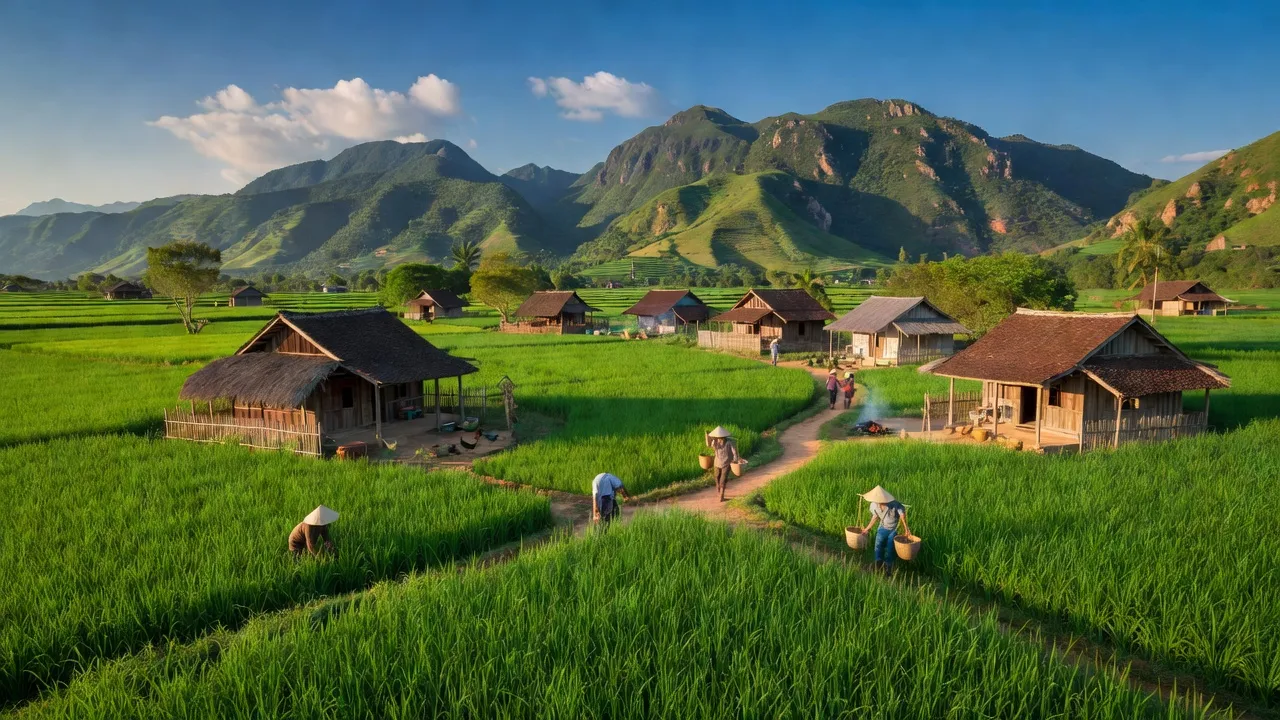 Cảnh đẹp Xã Hồng Thủy, huyện Lệ Thủy, tỉnh Quảng Bình với đồng ruộng xanh và nhà truyền thống.
