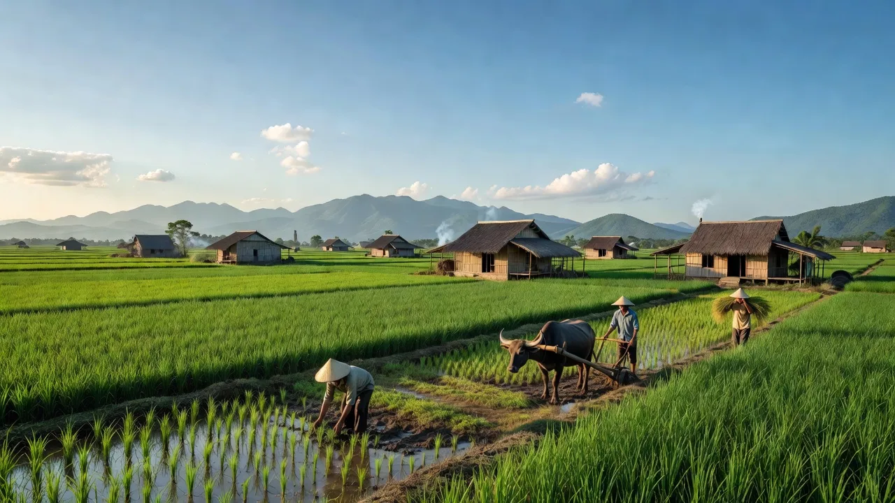 Xã Hồng Thủy, huyện Lệ Thủy, tỉnh Quảng Bình, với kiến trúc nông thôn và cánh đồng xanh.