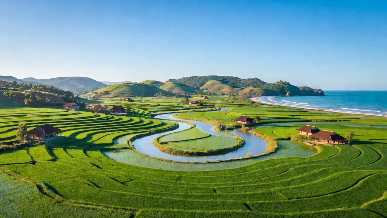 Cảnh đẹp xã Hưng Thủy, huyện Lệ Thủy, tỉnh Quảng Bình với đồng ruộng và bờ biển.