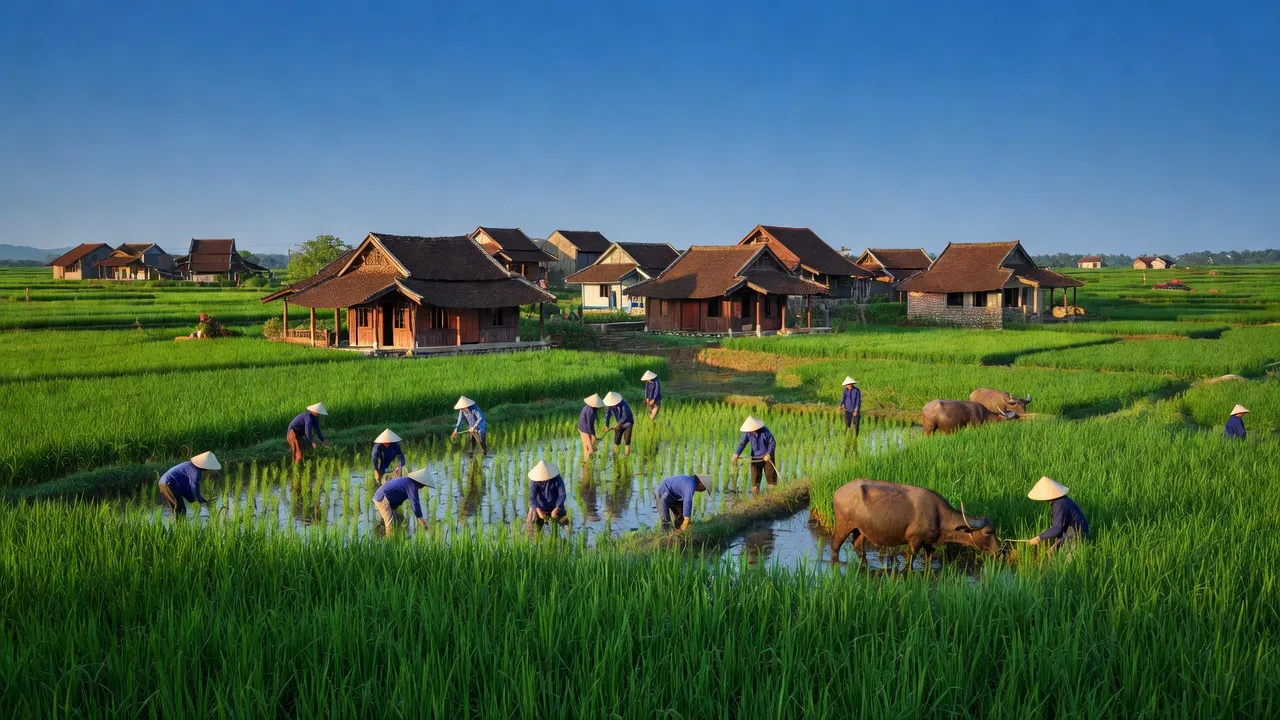 Kiến Giang town, Lệ Thủy district, Quảng Bình, featuring lush fields and traditional architecture.